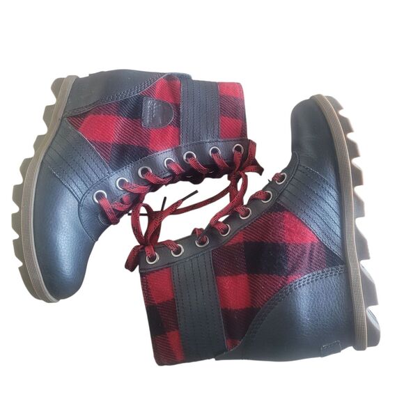Sorel Lexie Wedge Boots Girls Size 4 Buffalo Plaid Red Black Outdoor Holiday - Picture 4 of 10